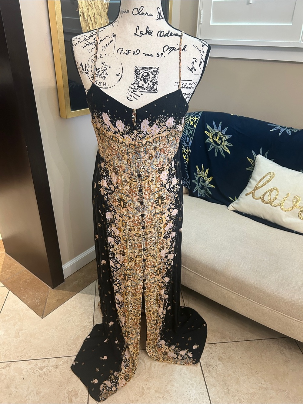 Free People Black Maxi Dress with Pink and Gold Embellishment